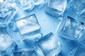 Close up of transparent ice cubes for drinks and cooling wet with water drops on blue background top view. Generative AI Royalty Free Stock Photo