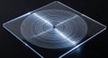 Close-up of a transparent square acrylic object with a white spiral line pattern radiating from the center on a black background Royalty Free Stock Photo