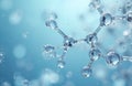 Close-up of transparent water molecule structure on blue background. Molecular biology science research nanotechnology backdrop. Royalty Free Stock Photo