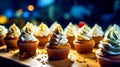 Close up of tray of cupcakes with frosting and sprinkles. Generative AI Royalty Free Stock Photo