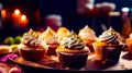 Close up of tray of cupcakes with frosting on top. Generative AI Royalty Free Stock Photo