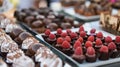 A close up of a tray of decadent chocolates truffles and pastries at a dessertfocused picnic at the cultural and food Royalty Free Stock Photo