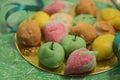 Tray of marzipan in the shape of fruits for October 9 San Dionis in Valencia