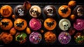 Close up of a tray of Halloween themed cupcakes Royalty Free Stock Photo