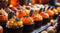 Close-up of a tray of Halloween-themed cupcakes