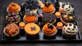 Close-up of a tray of Halloween-themed cupcakes