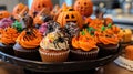 Close-up of a tray of Halloween-themed cupcakes