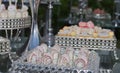 Close up of tray with lot delicious diversity pastry cakes tattlers and macaroon in a row Royalty Free Stock Photo