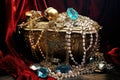 close-up of a treasure with sparkling jewels spilling out