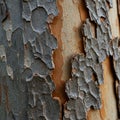 Close-up of a tree bark with peeling layers, revealing a textured surface. The outer