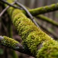 Branch covered in dense green moss Phylum Bryophyta featuring small Royalty Free Stock Photo