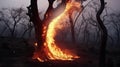 Close up of a tree on fire in burned down forest