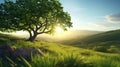 close up tree and green hill at sunrise at countryside