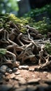 a close up of a tree with roots growing out of it