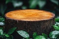 Wooden Tree Stump Slice on Green Leaves Background Royalty Free Stock Photo