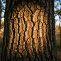 A tree trunk in a forest featuring deeply grooved bark with a rough Royalty Free Stock Photo