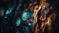 a close up of a tree trunk with a green light in the middle of it\'s trunk and a pattern on the bark of the trunk Royalty Free Stock Photo