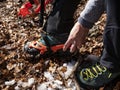 Close-up of trekking boots and crampons Royalty Free Stock Photo