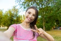 Close-up of trendy girl face is making selfie photo Royalty Free Stock Photo