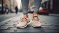 close-up of a trendy pair of sneakers on a city street one generative AI