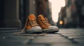 close-up of a trendy pair of sneakers on a city street two generative AI