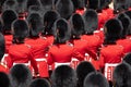 Close up of Trooping the Colour parade at Horse Guards Parade, Westminster, London UK, with soldiers in red and black uniform Royalty Free Stock Photo