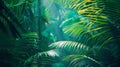 A close up of a tropical jungle with many green leaves, AI