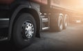Close-up truck wheels of semi truck on parking. freight transportation. Royalty Free Stock Photo
