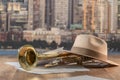 Close-up of a trumpet, a hat and musical sheets Royalty Free Stock Photo