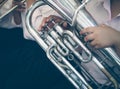 Close up of tuba musician, Presentation of the brass band. Royalty Free Stock Photo