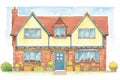 close-up of tudor home showing front gables window design, magazine style illustration