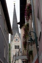 closeup view tower protestant church Hallstatt Austria