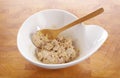 Close up tuna spread in white ceramic bowl