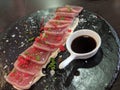 Close-up of tuna tataki fillet salted with soy sauce Royalty Free Stock Photo