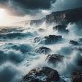 Waves crash against rocky shoreline in brewing storm Royalty Free Stock Photo