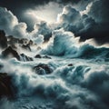 Waves crash against rocky shoreline in brewing storm Royalty Free Stock Photo