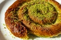 Close up turkish dessert kadayif. shredded wheat dessert with pistachio filling