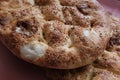 Close up of Turkish Ramadan Pita. bread. Traditional Ramadan food as known Ramazan Pidesi Pide.