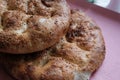 Close up of Turkish Ramadan Pita. bread. Traditional Ramadan food as known Ramazan Pidesi Pide.