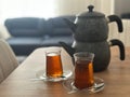 Turkish tea glasses and Teapot on table