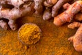 Close up turmeric powder on grunge wooden background.