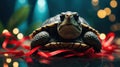 Adorable Baby Turtle with Red Ribbon, Festive Holiday Pet Royalty Free Stock Photo