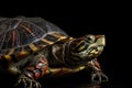 Close-up of turtle isolated on black background with copy space