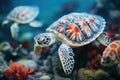 close-up of turtles patterned shell underwater