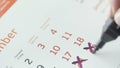 Close-up of the twenty-fifth day of the calendar, crossed out by a purple pen Royalty Free Stock Photo