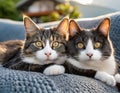 Close-up of two adorable cats with striking eyes lying on a couch