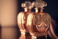 a close up of two bottles of perfume on a table with a blurry background of the bottle and the bottle is gold Royalty Free Stock Photo