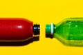 Close-up of two bottles. Reusable steel thermo water bottle of red color versus disposable plastic bottle of green. Royalty Free Stock Photo