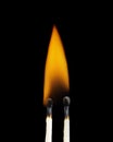 Two burning matchsticks against a black background Royalty Free Stock Photo