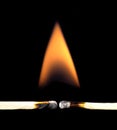 Close-up of two burning matchsticks on a black background